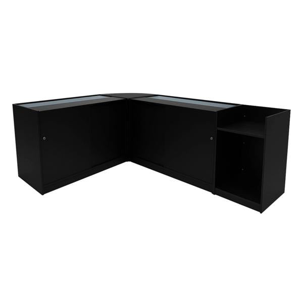 Black Astro LED shop counter set featuring sleek design, glass display tops, and ample storage with cabinets and open shelving