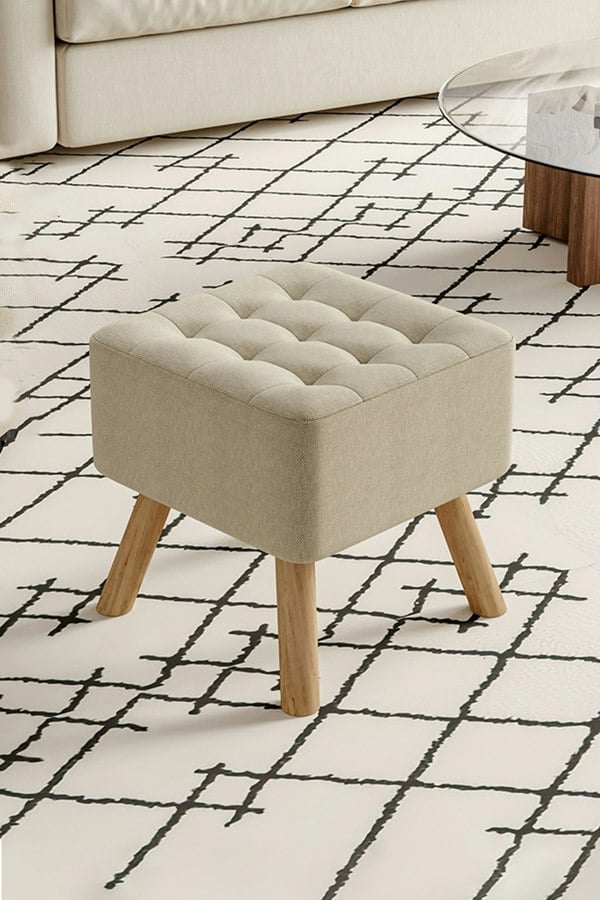 Living and Home Beige Linen Padded Wooden Leg Square Footstool