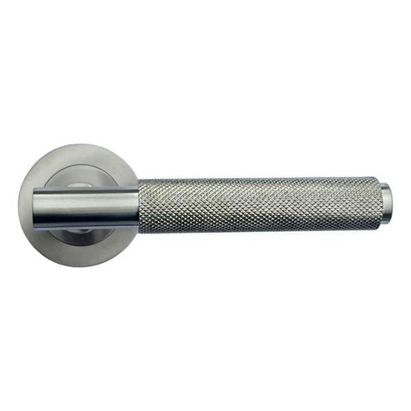 EDH Door Hardware Satin Nickel Knurled Door Handles on Round Rose – Modern Internal Lever Handle