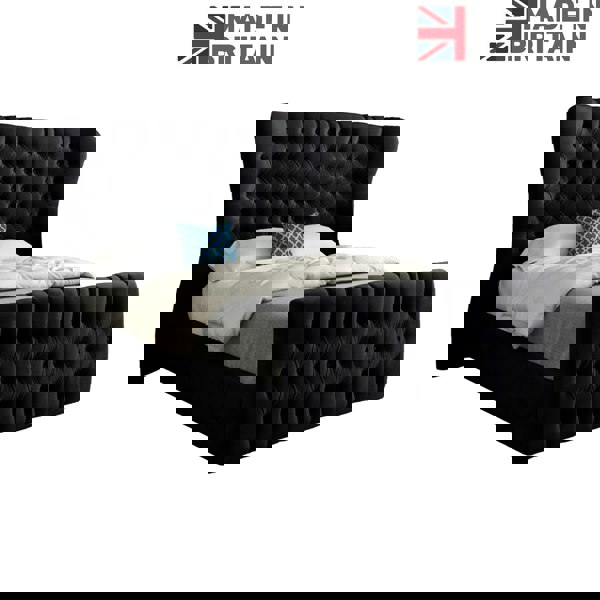 Casa Magna Parma Wide Curved Winged Upholstered Soft Velvet Bed Frame - Black