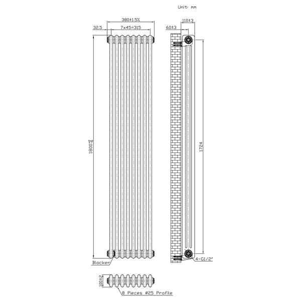Monstershop Traditional 3 Column Radiator - 1800 x 380mm - Raw Metal