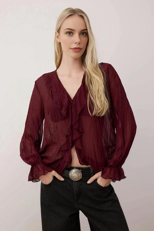 WOVCOR Wrinkled-Look Chiffon Transparent Shirt
