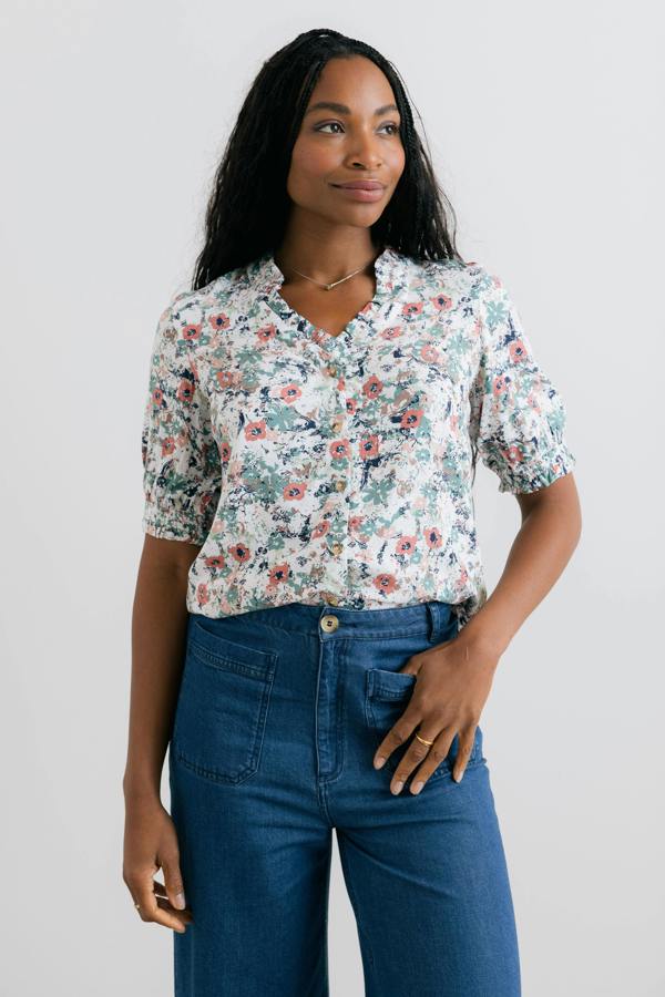 Lily & Me Wren Printed Frill Blouse Ecru
