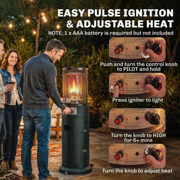 Bobobiy Gas Patio Heater, 11 kW Portable Propane Outdoor Heater with Pulse Ignition, Protective Mesh, Tip-over Protection, Black