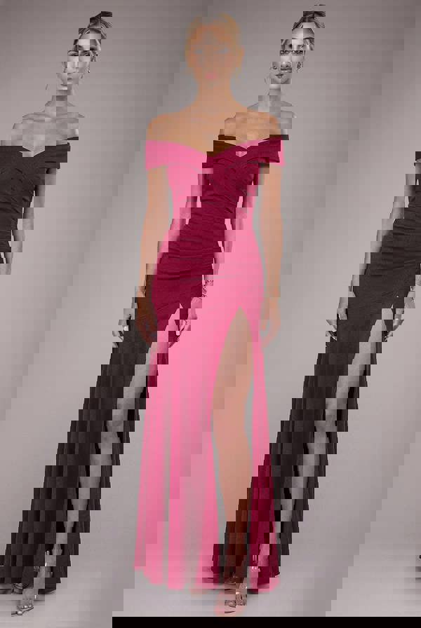 Scuba Crepe Off Shoulder Front Split Maxi Dress - Wine DR2930