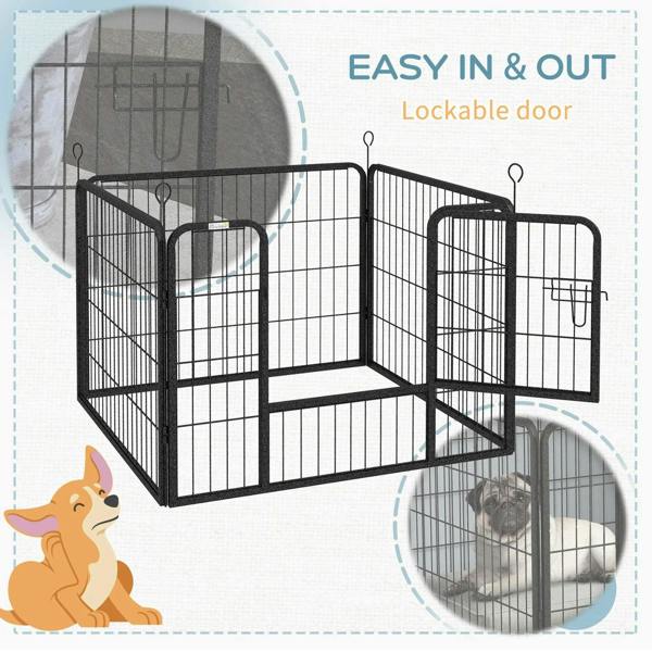Grey dog playpen with lockable door and hinged gate in an angled view