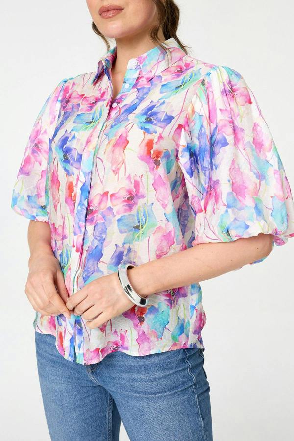 Pink | Abstract 1/2 Puff Sleeve Boxy Blouse