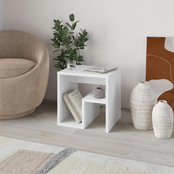 Decortie Bon Square End Table Open Shelf Storage, G-Shaped Coffee Table 40x40cm Chipboard for Living Room Bedroom