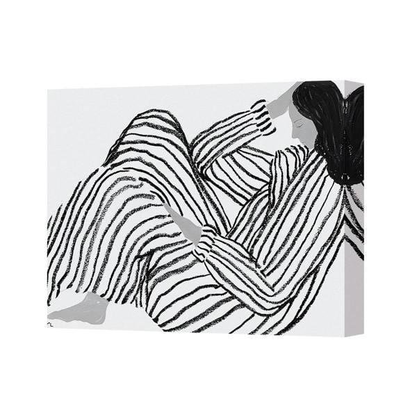 Benjamin Tate Design Canvas Wall Art Abstract Figure In Black White Striped Pattern