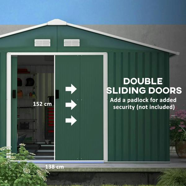 Green storage shed with double sliding doors and two roof ventilation vents