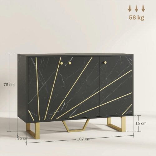 Wyld Haus Suno Black Marble Effect Sideboard Golden Metal Legs 3 Doors