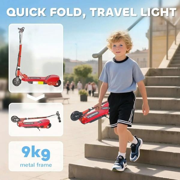 Red folding electric kids scooter with compact frame and kickstand