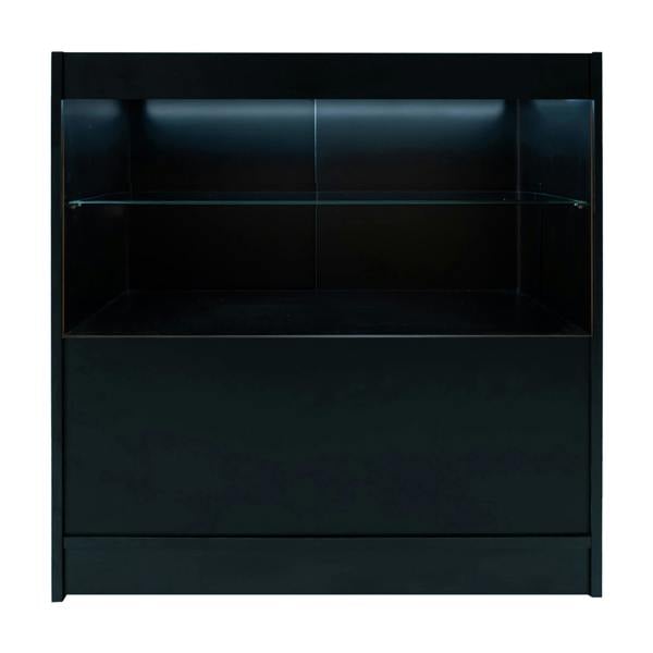 Black Phoenix LED shop counter set featuring sleek design, illuminated shelves, and smooth surface, ideal for retail displays