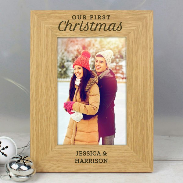 Personalised Memento Company Personalised 'Our First Christmas' 6x4 Oak Finish Photo Frame