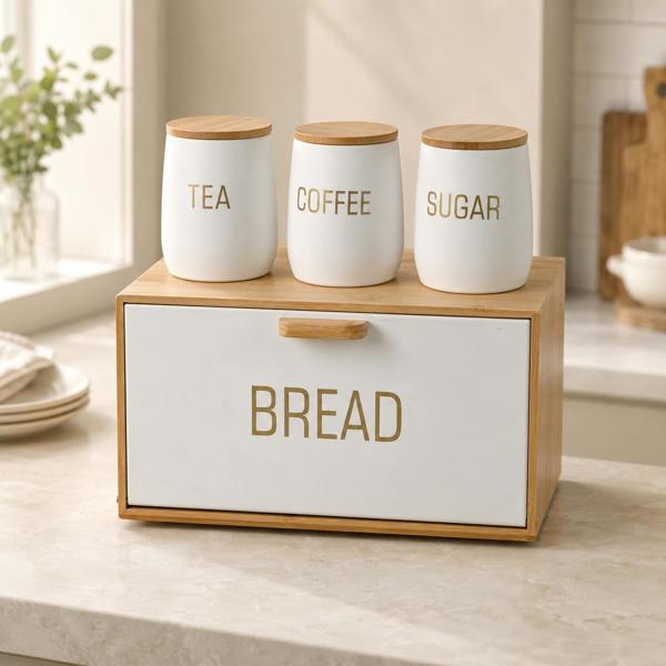 Maison des Cadeaux White Bamboo Metal Bread Bin & Canister Set