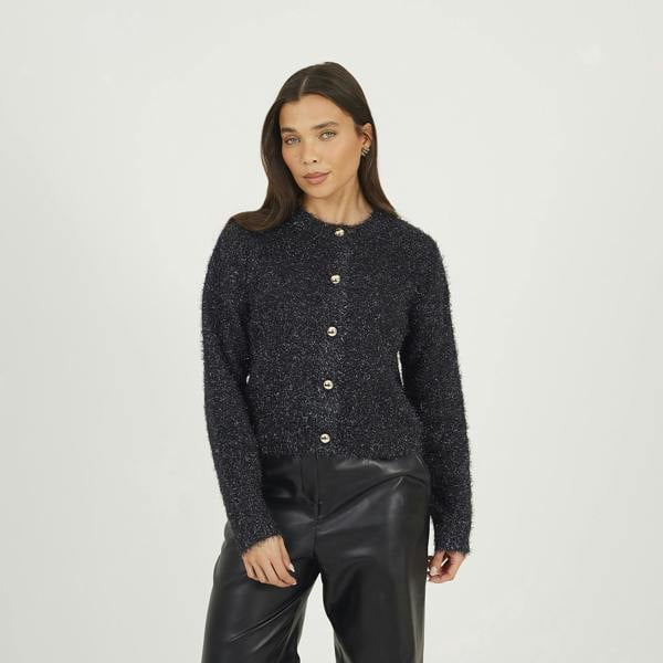 Brave Soul Navy Fluffy Tinsel Knit Cardigan - Navy Image 1