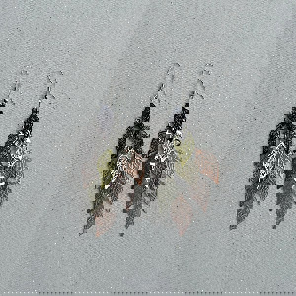 Bronze Dangly Earrings, Boho Leaf Front View, Bohemian Style Leaf Earrings, Multicolour Filigree Leaf Dangle Earrings, Lightweight Statement Earrings, Nature Inspired Boho Jewellery
