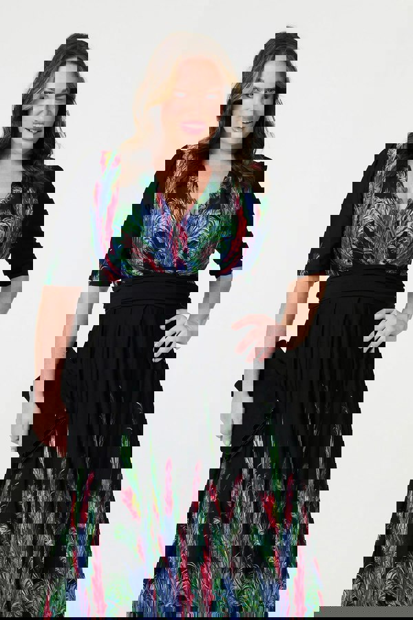 Green | Feather Print Faux Wrap Front Midi Dress