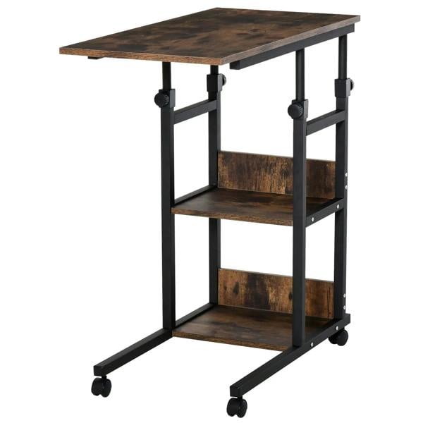 Industrial C-shaped rolling side table with rustic brown top and two open shelf levels