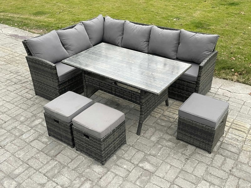 Fimous Outdoor Rattan Garden Furniture Corner Sofa Set with Rectangular Dining Table 3 Small Footstools Patio Wicker Rattan Set Dark Grey Mixed