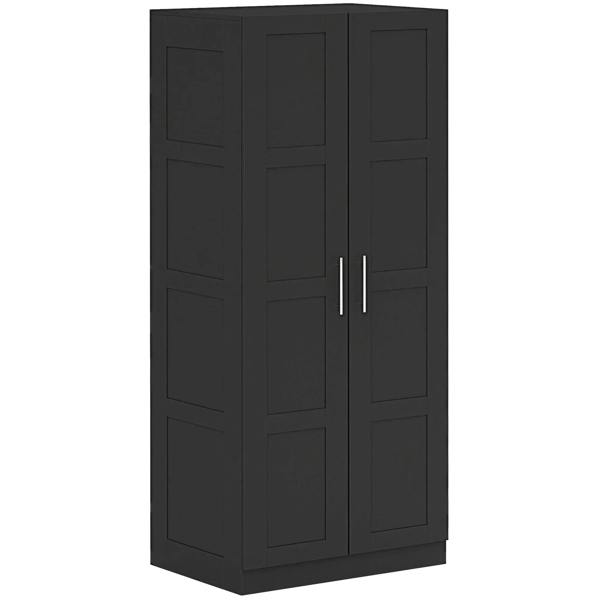 Black wardrobe with double doors, vertical panel design, and two silver bar handles