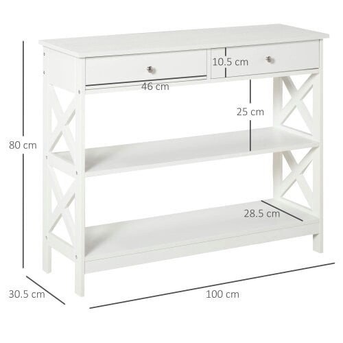 Wyld Haus Ralupa 100cm Wooden White X Frame Console Table With Drawers And Open Shelving