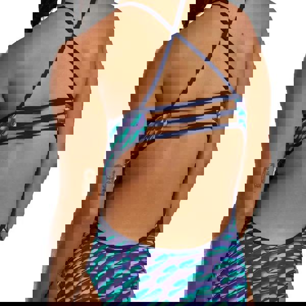 Navy green TYR Dragonflyte Durafast Elite Trinity swimsuit with leaf pattern