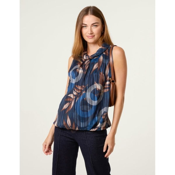 Blue Vanilla Sleeveless Cowl Neck Metallic Print Blouse