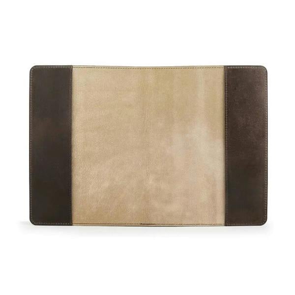 Two-tone brown and beige leather diary cover on a white background
