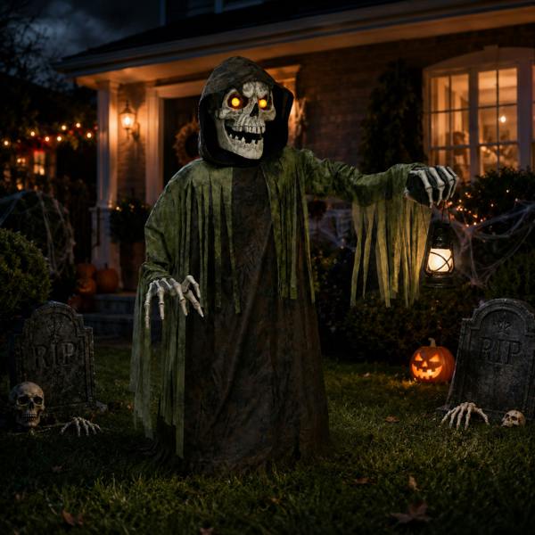 Samuel Alexander 1.47m Tall Light up Corroded Rise Up Reaper Skeleton Halloween Animatronic Decoration