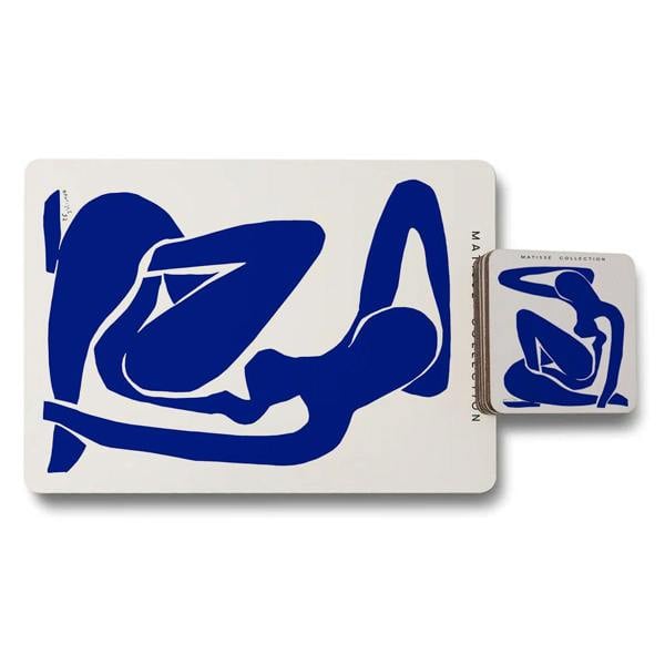 Benjamin Tate Design Matisse Collection Placemat And Coaster Set Limited Edition Indigo Abstract Artwork Wood Bottom