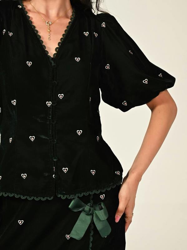 Rose & Nancy Illy Green Embroidered Heart Velvet Skirt
