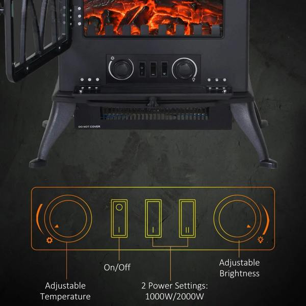 Electric fireplace heater front control panel with two large dials and power buttons