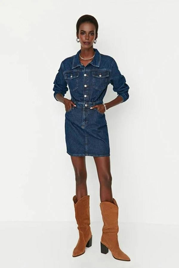 WOVCOR Mini Denim Shirt Dress with Pocket Detail