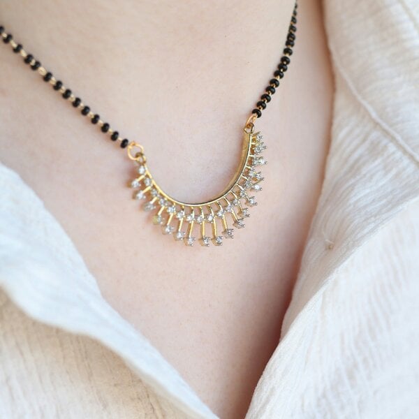 The Colourful Aura Indian Nazaria Gold Sunburst Zircon Mangalsutra Black Beads Pendant Necklace