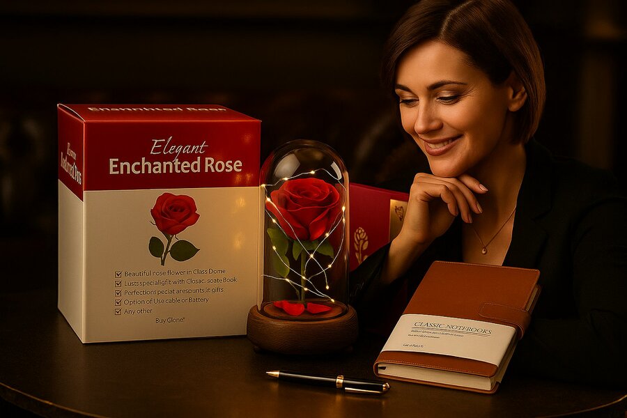 smartbies Enchanted Rose in Glass Gift set With Notebook USB Cable or Battery Powered