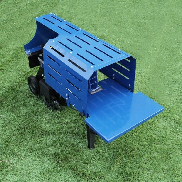 T-Mech 5T log splitter in vibrant blue, featuring a sturdy metal frame, slotted design, and a flat work surface for efficient wood splitting