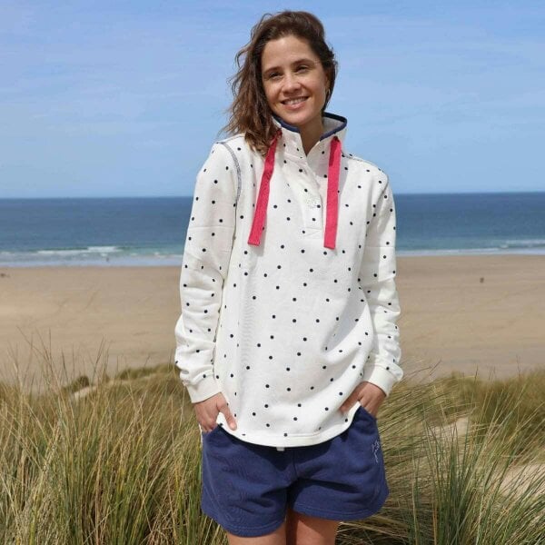 Lazy Jacks LJ14 - Ladies Polka Dot Button Neck Sweatshirt - Chalk