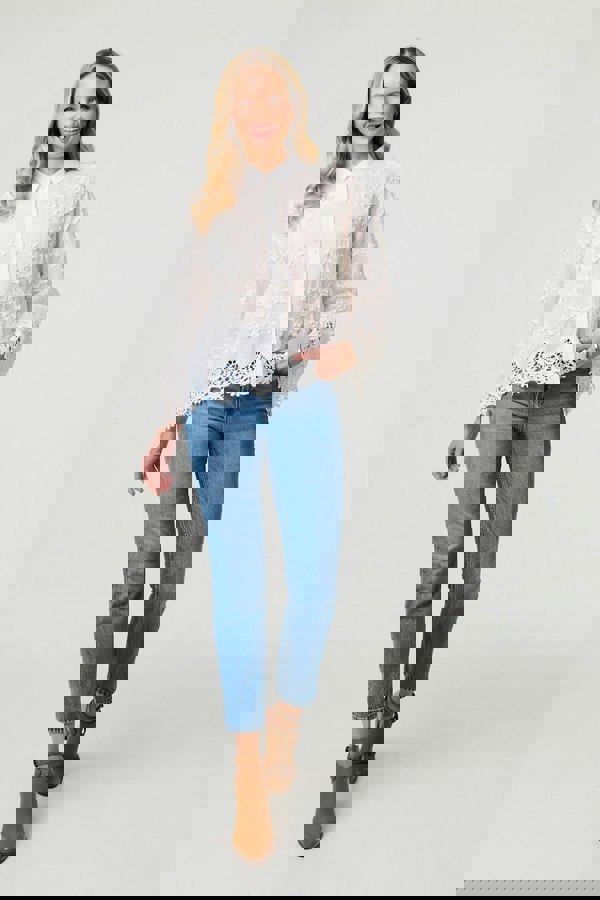 White | Embroidered Lace Long Sleeve Shirt
