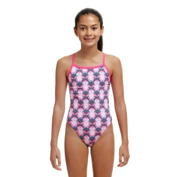 Funkita Girls Pen Guy single strap swimsuit in pink and white floral