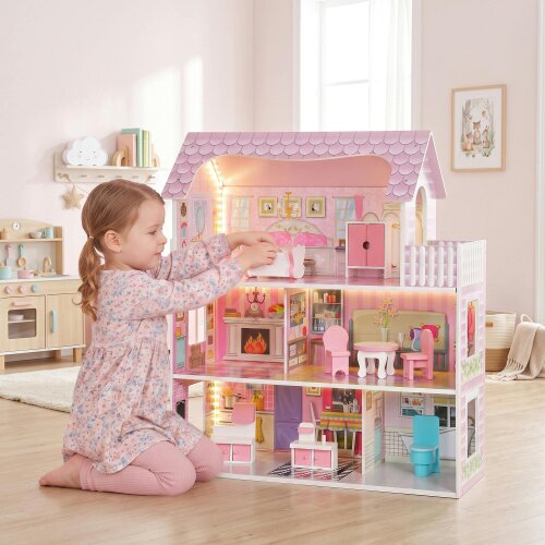 AIYAPLAY Dolls House with 8 Pieces Accessories, 3-Level for 3-6 Years, Pink