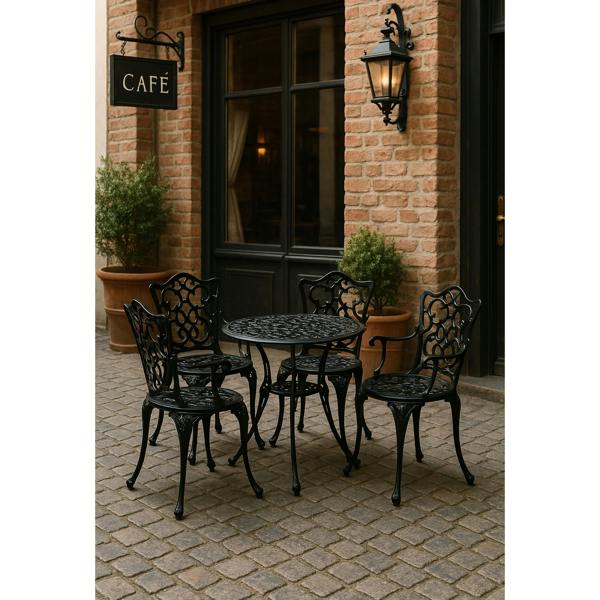 Homeology TABREEZ Opulent Garden and Patio Table and 4 Large Chairs with Armrests Cast Aluminium Bistro Set - Black