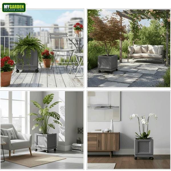 My Garden Outdoor Living My Garden Square Planter with Wheels - Rattan Style Plastic Garden Planter Pot for Indoor & Outdoor Use with Air Vent
