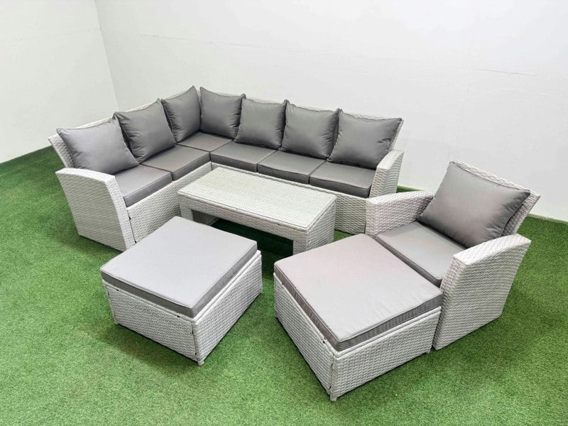 Fimous Rattan Garden Furniture Set Outdoor 9 Seater Corner Sofa Sets with Oblong Coffee Table Chair 2 Big Footstools Light Grey Mixed
