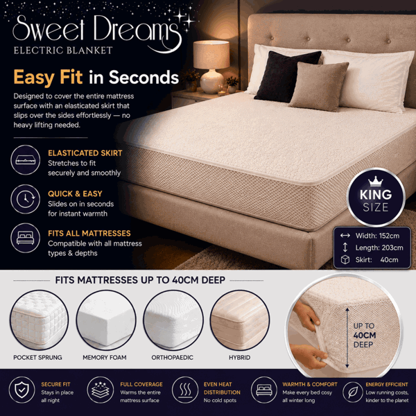 Sweet Dreams Luxury Fleece Electric Blanket King Size, Machine Washable Underblanket, Digital Control, Overheat Protection