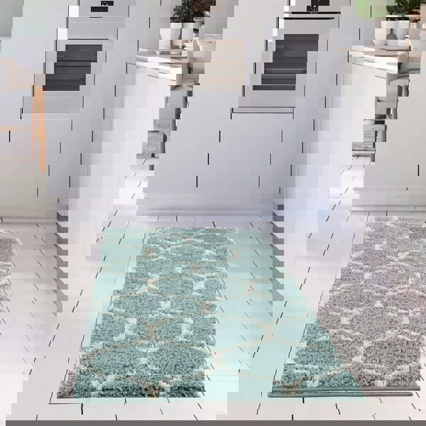 Trellis Design Thick Shaggy Area Rugs Duck Egg Blue