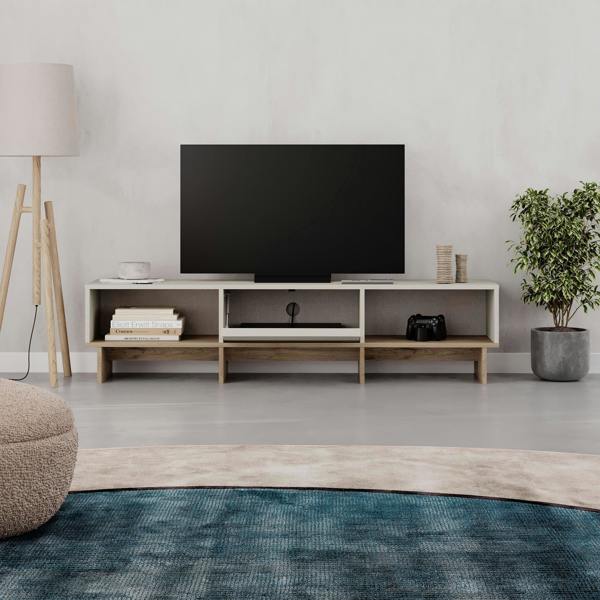 Decortie Modern TV Stand 170cm w/Soft-Close Drop-Down Door Open Shelves Metal Handle Living Room TV Cabinet Sandstone, Natural Oak