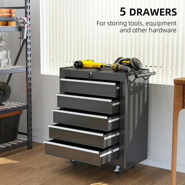 Black 5-drawer tool cabinet with lockable design and top handle, on caster wheels