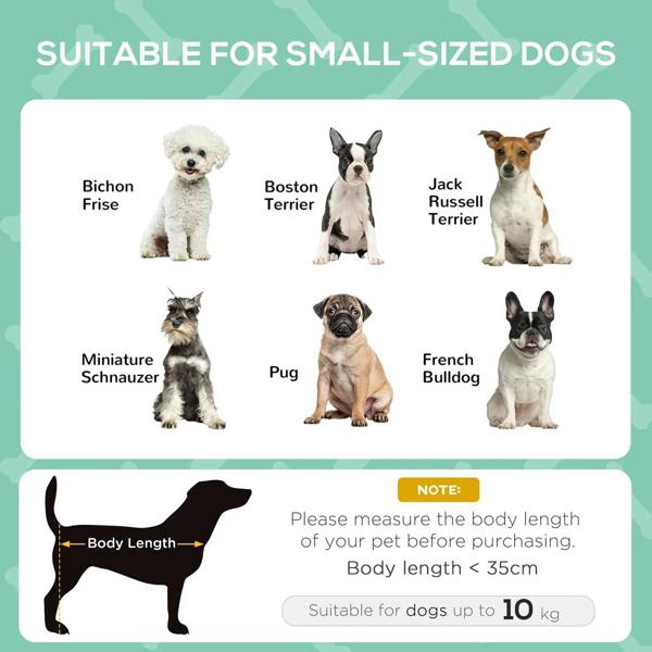 Small pet bed size suitability graphic with dog silhouettes and size note