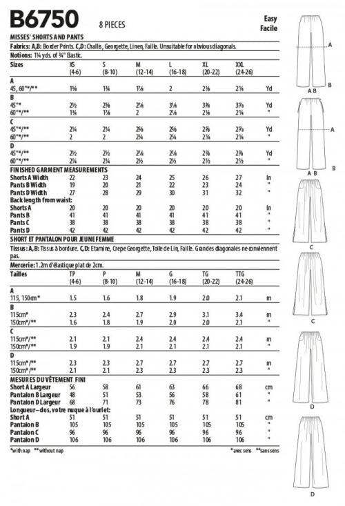 Butterick Sewing Pattern 6750, Shorts, Trousers for Women, Y (XS-S-M) - Easy